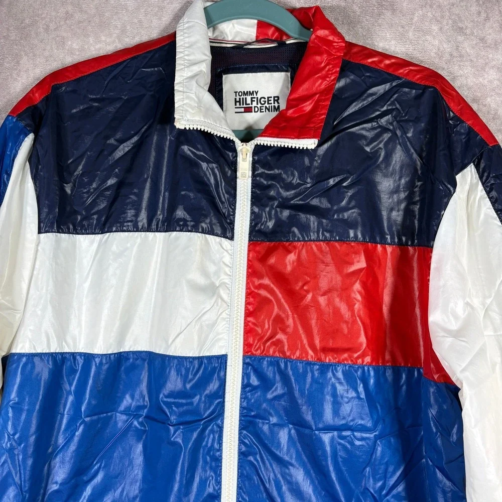 Tommy Hilfiger Denim Windbreaker Jacket Mens M Blue White Red Colorblock Y2K